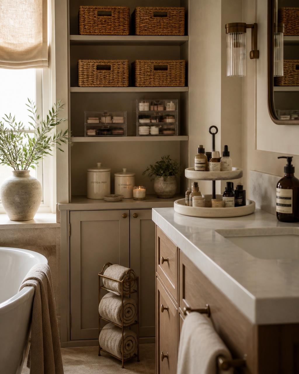 Bathroom organisers: stoneware trays, tiered shelf risers and labelled storage tins