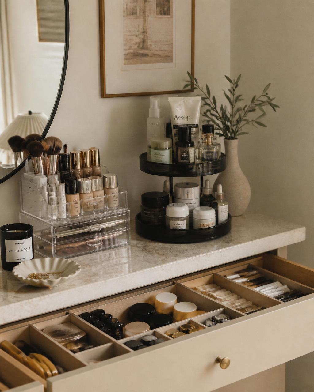 Beauty organisers: acrylic drawer inserts, brush holders and vanity trays