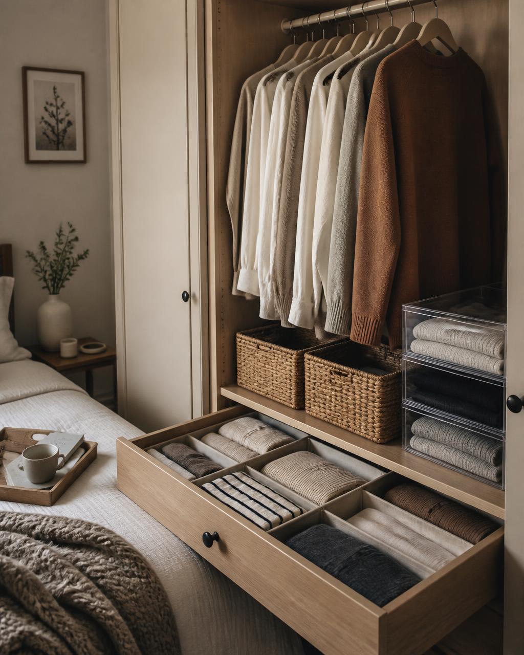 Bedroom organisers: wardrobe drawer dividers, fabric bins and bedside trays