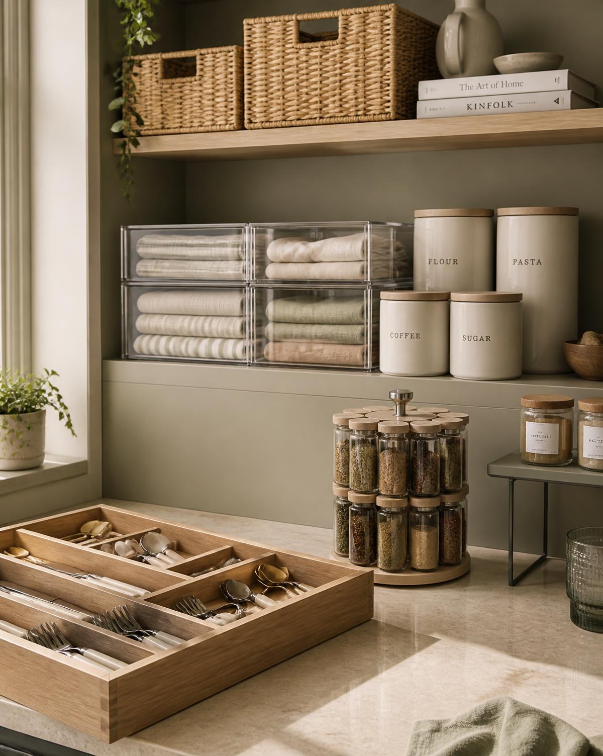 Home organisers in a calm British kitchen: woven baskets, stackable drawer organisers, labelled pantry jars and an oak cutlery divider