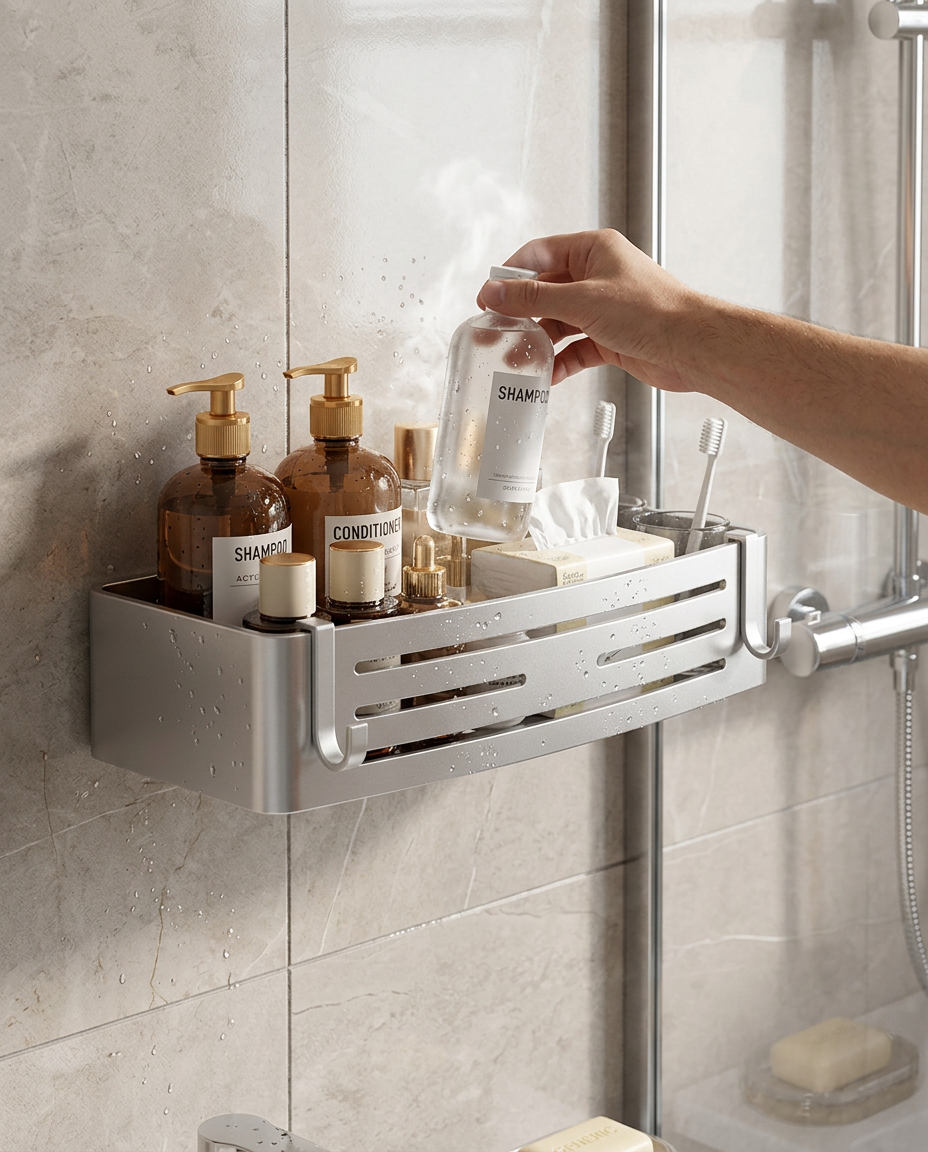 Hand placing shampoo on the AquaNest No-Drill Shower Shelf