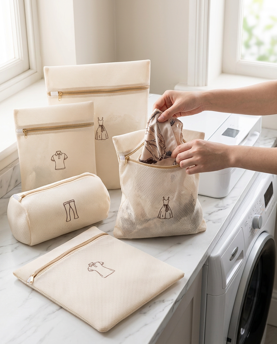 Hands placing delicate clothing into a WashNest Laundry Bag