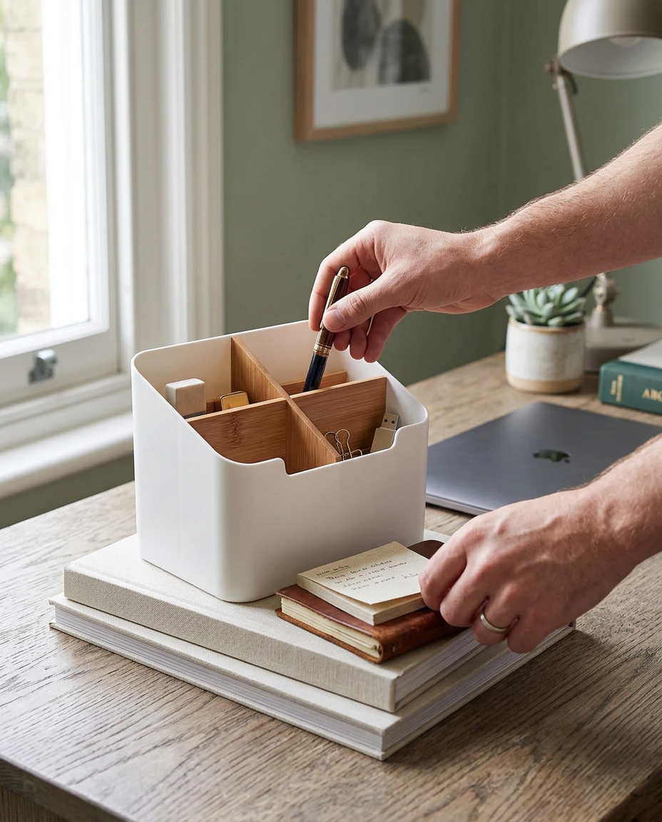 Hands arranging stationery in the StoreNest Desktop Compartment Organiser