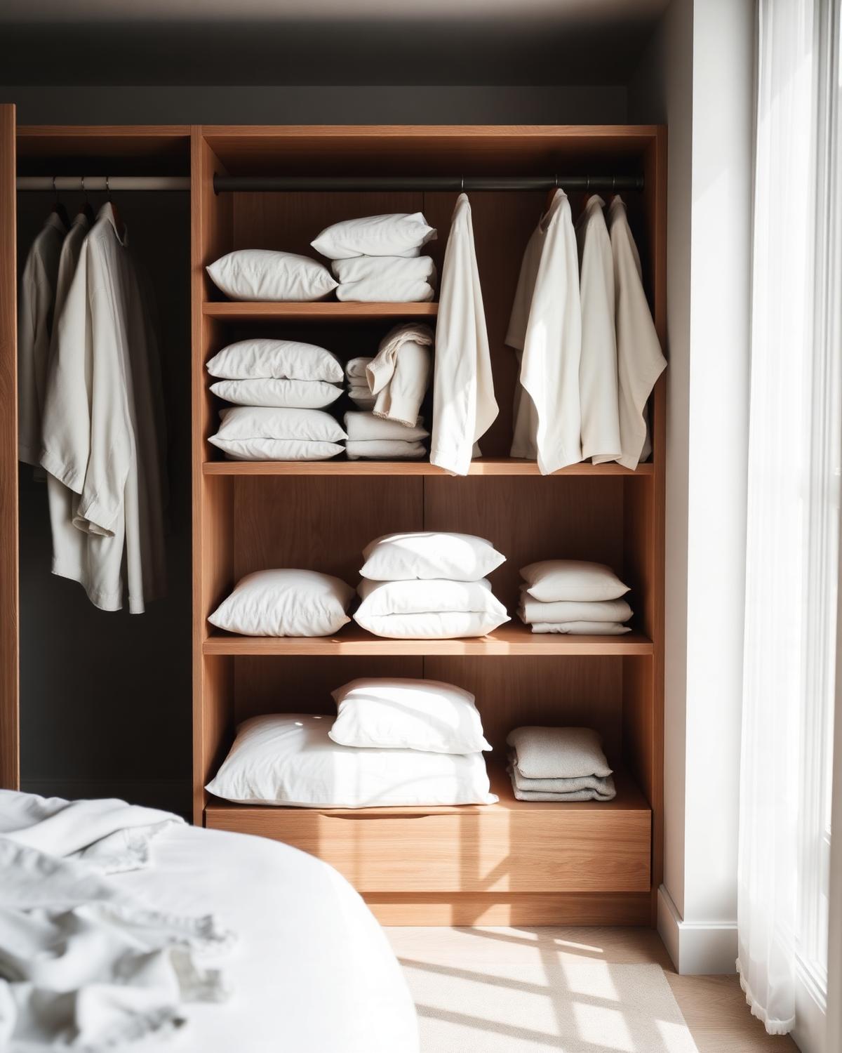 Folded linens in an oak wardrobe