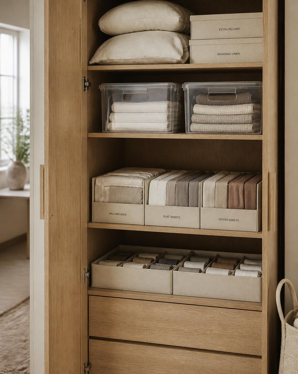 Folded linens in an oak wardrobe