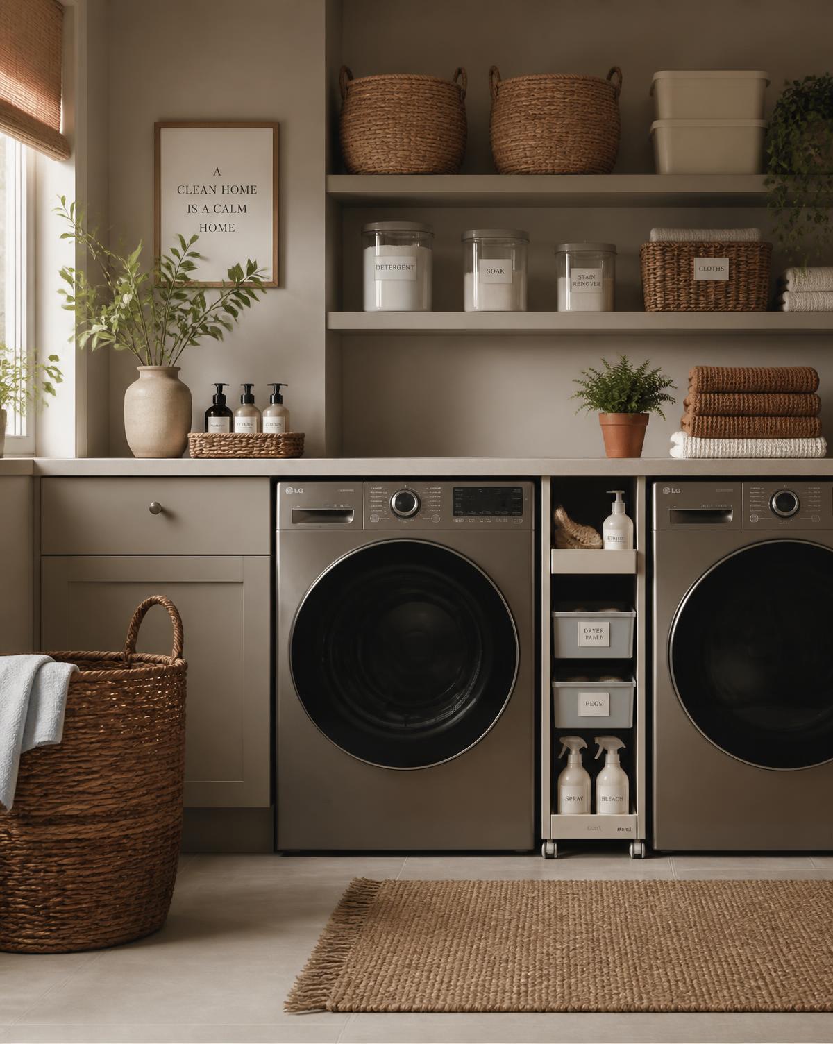A calm utility room with a woven basket