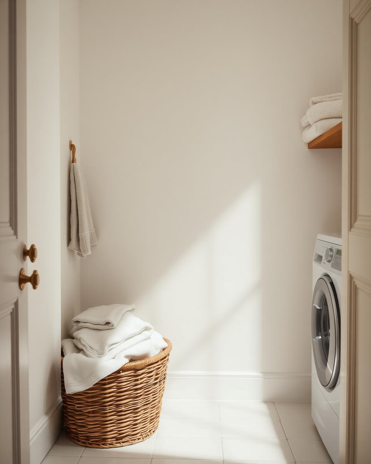 A calm utility room with a woven basket